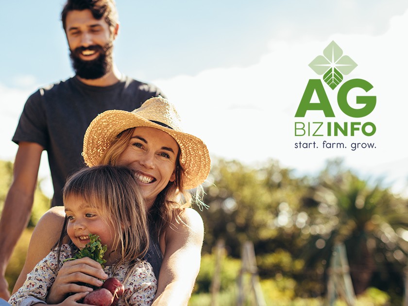 Young farmer and family with AgBizInfo logo